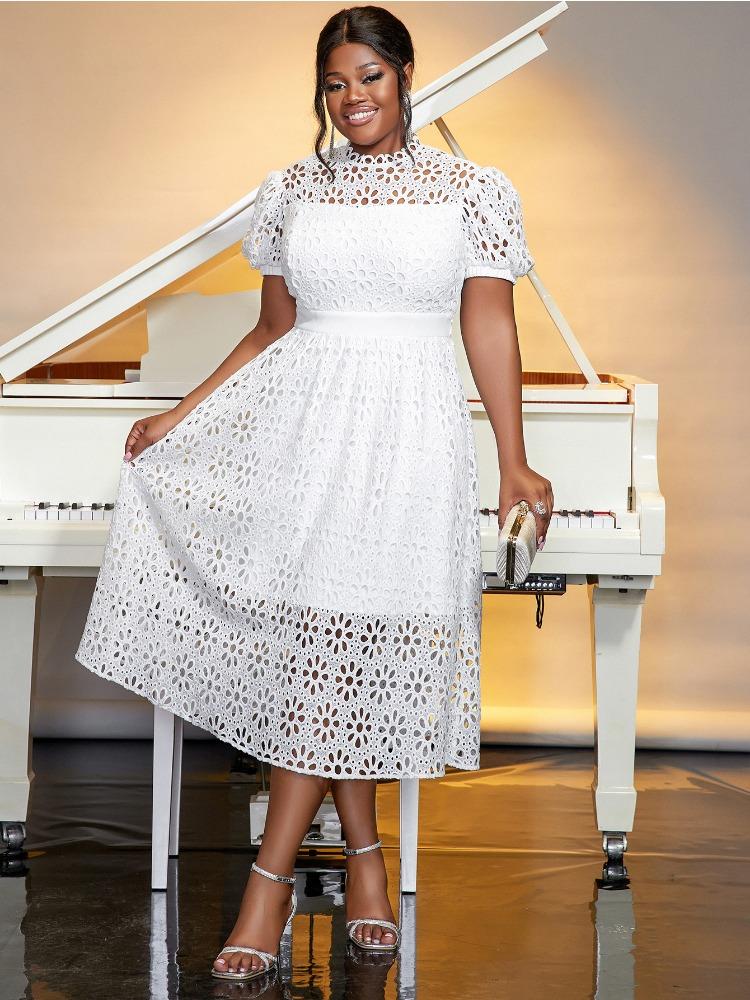 AOMEI White Lace Dresses Women Short Sleeve Hollow Out High Waist A Line Midi Casual Work Party Gowns