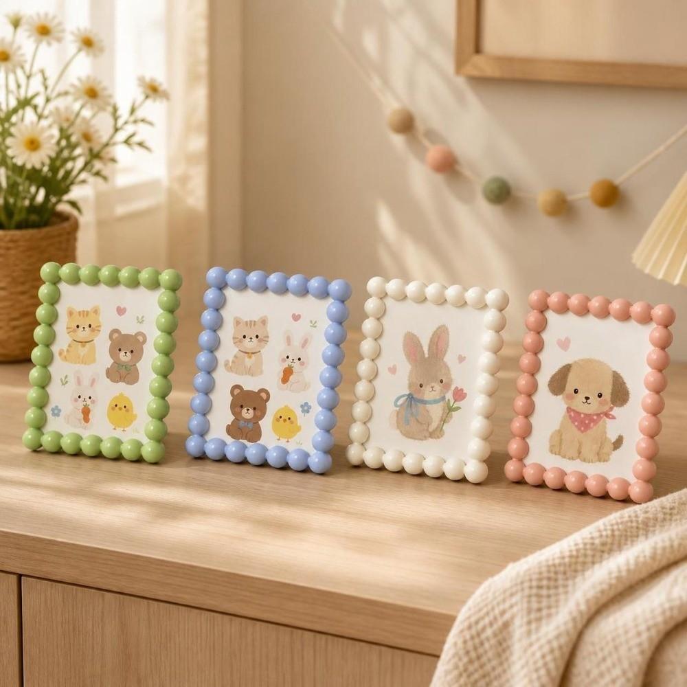 Macaron Colors Picture Frame Round Bead Plastic Photo Frame Stand Home Office Bedroom