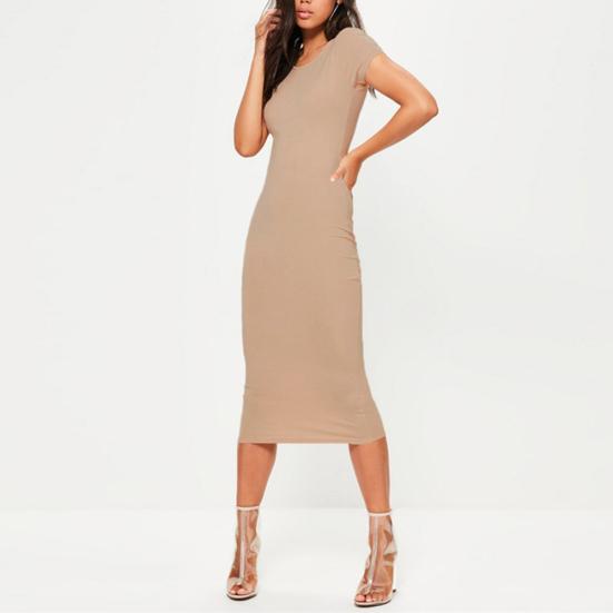 Модное женское повседневное облегающее платье-карандаш однотонного цвета с круглым вырезом и короткими рукавами