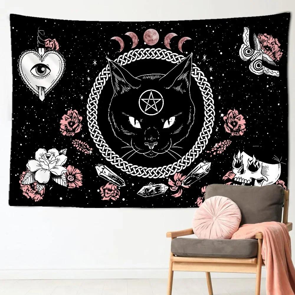 VIKAMA Witch Cat Tapestry Mystic Moon Star Wall Art Esoteric Divination Art Suitable for Living Room or Bedroom