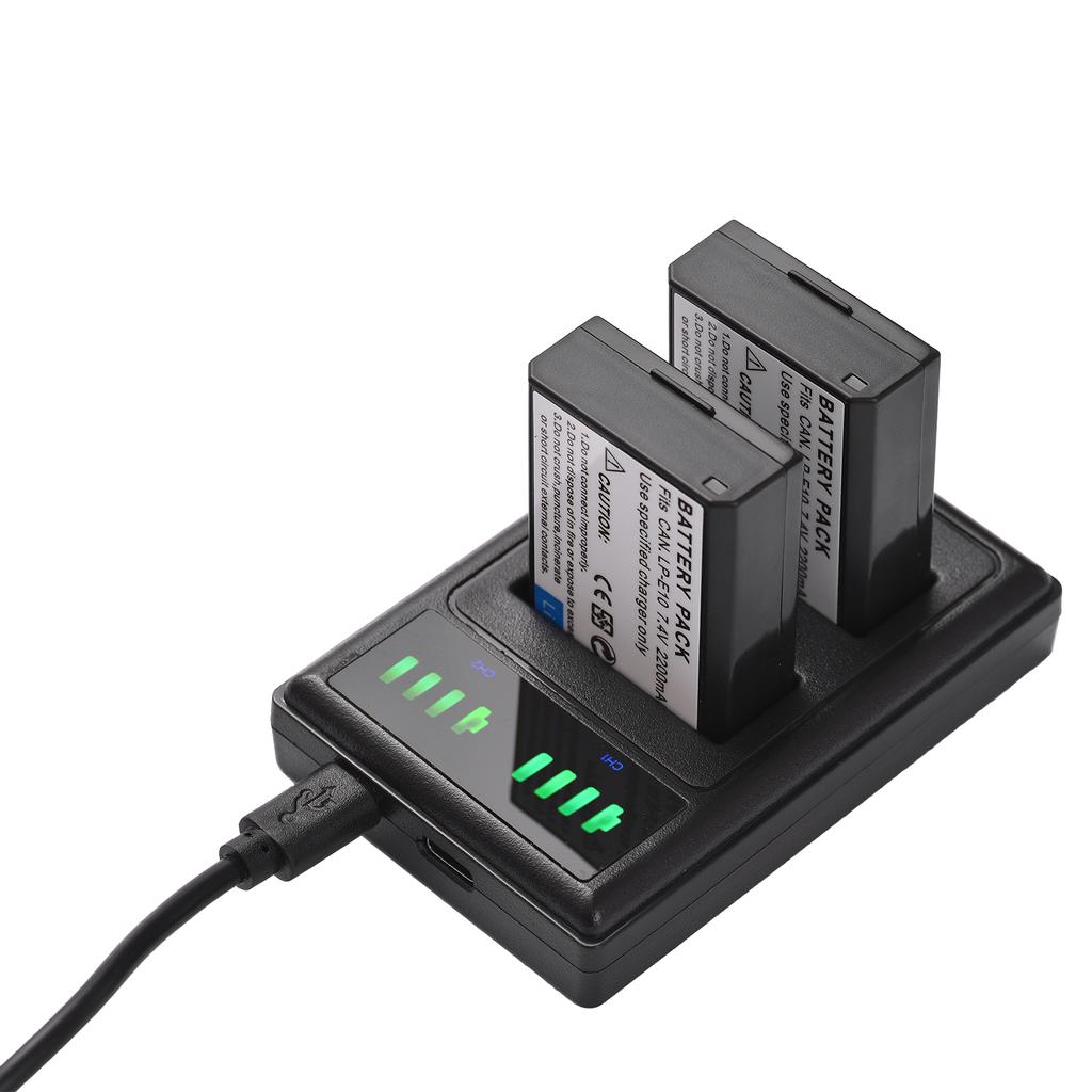 LP-E10 Battery Charger 2-slot with LED Indicators 2pcs LP-E10 Batteries 7.4V 2200mAh with USB