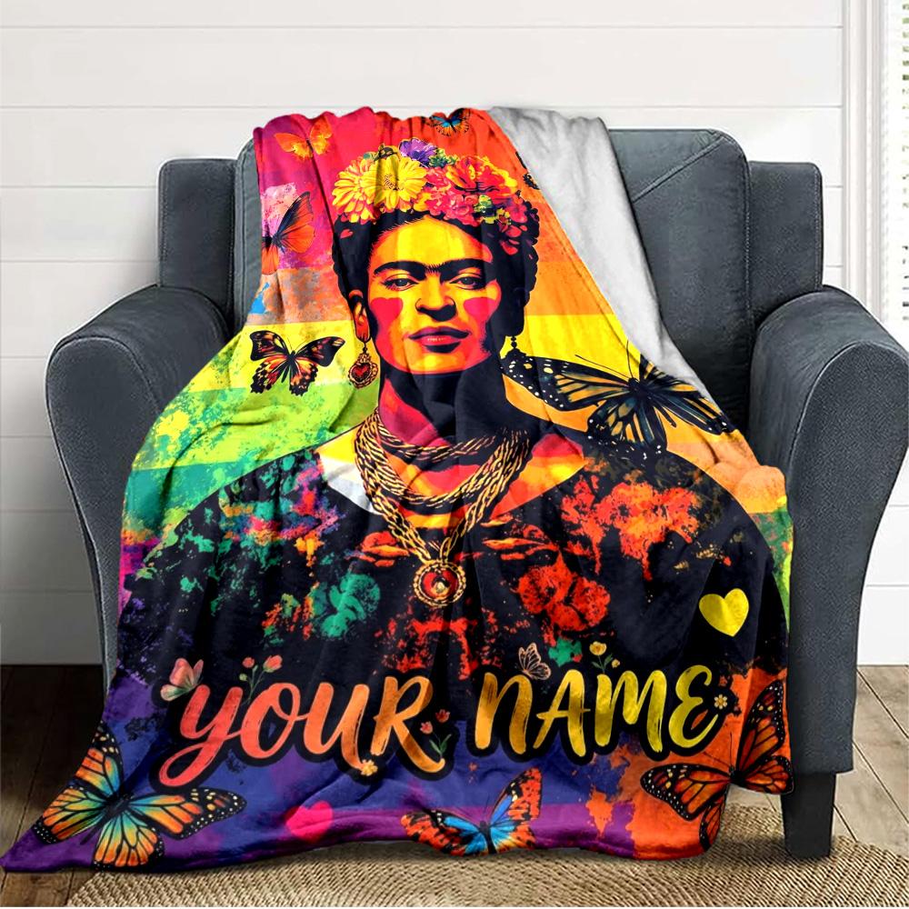 Name Custom Frida Kahlo Print Flannel Blanket High Quality Warm Comfortable Cover for All Seasons Perfect for Gifts Home Decor