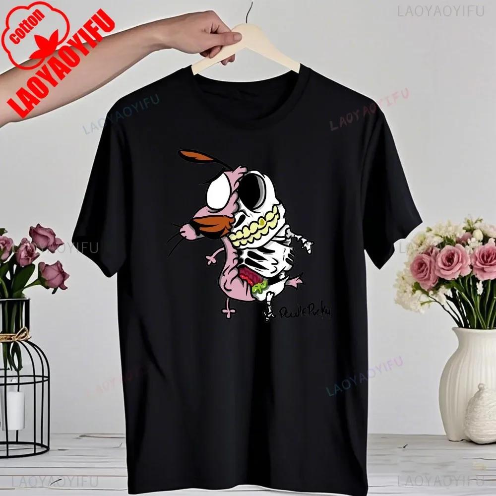 Мультяшная футболка 90-х «Кураж — трусливый пес» Ретро Уличная мода Летняя одежда Топы Подарок Мужчины Женщины Пара Хлопковые футболки