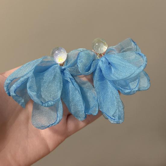 Women Mesh Petal Drop Earrings Handmade Large Chiffon Floral Dangle Earrings Vintage Stud Earrings for Vacation Wedding