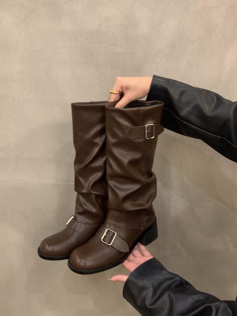 Сапоги-трубы в стиле ретро на высоком каблуке, коричневые длинные рыцарские сапоги, женская обувь 2024 года, новые осенне-зимние брюки средней длины, длинные сапоги-трубы