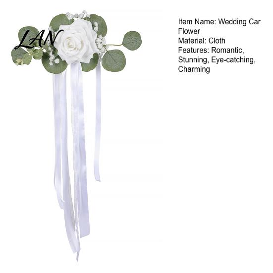 Weather Resistant Car Decor Wedding Door Handle Flower with Ribbon Tie And Green Leaves, White Artificial Photo Prop Rose Rearview Mirror Bouquet for