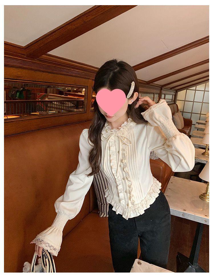 Cream Bagel French Sweet Age-Reducing Lace Ruffle Slimming Blouse - Women's Autumn Court Style Top