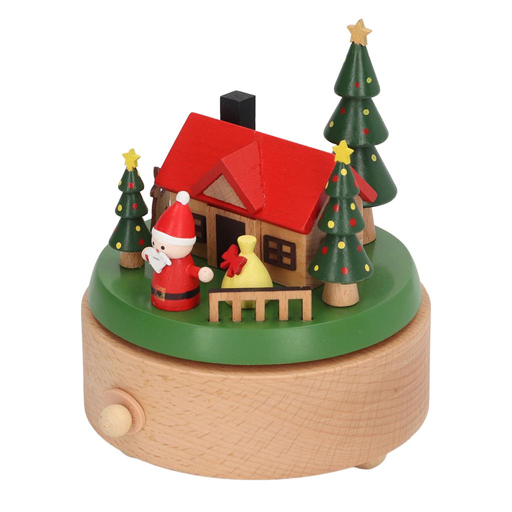 Wooden Rotating Music Box Round Bottom Santa House Christmas Music Box for Decoration Wooden Round