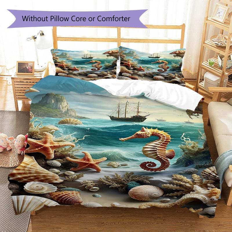 Seahorse Starfish Seashell Ocean Sailboat Print 3 Pieces Duvet Cover Set Sea Animal Bedding Bedroom Home Decor Without Pillow Core Comforter