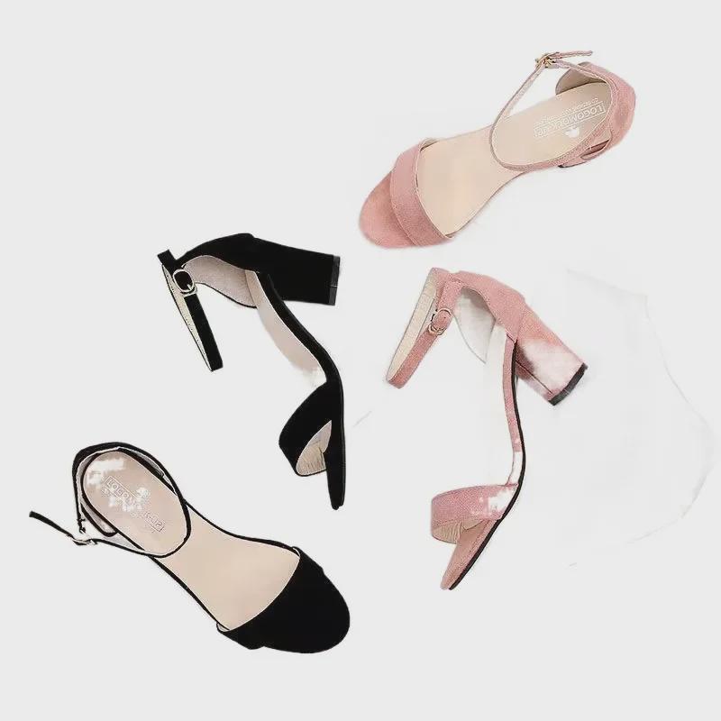 Женские босоножки на каблуке высотой 7 см 2024 года: Универсальные туфли с открытым носком и пряжкой с одним словом, большие размеры для лета
