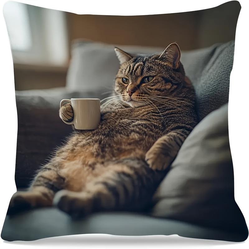 Vikama Chubby Cat Coffee Soft Pillowcase Comfortable Smooth Touch Sofa Decorative Cushion Cover