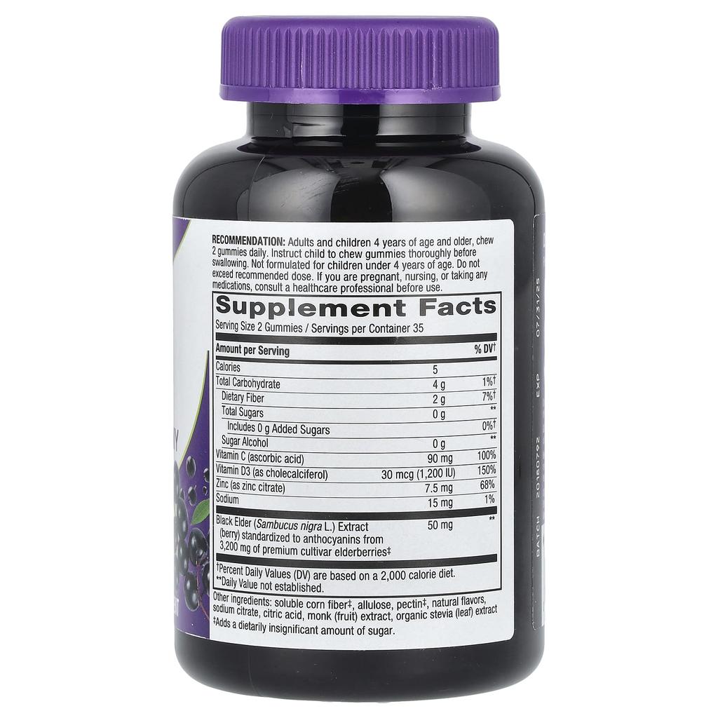 Nature's Way Sambucus, Containing Zinc, Vitamin C and D3, Immunity-boosting Gummies, Sugar-free, Elderberry, 70 Gummies