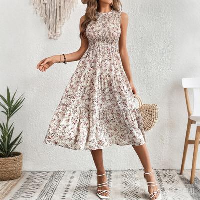Женское платье миди с круглым вырезом и высокой талией, без рукавов, А-силуэт, большой летний крой