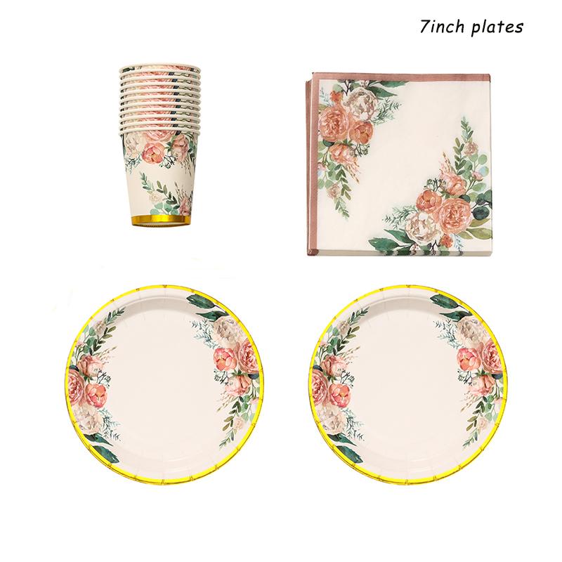 78pcs Vintage Floral Party Supplies Golden Disposable Paper Plates Cups Napkins Tableware Set for Baby Shower Birthday Tea Party