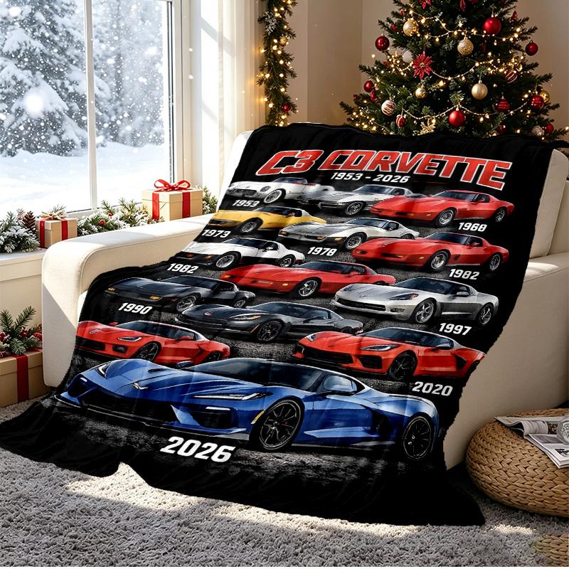 Chevrolet Corvette Pattern Blanket for Home Decoration, Bed, Sofa, Car Travel, Camping, Suitable for All Seasons, Birthday Christmas Gift