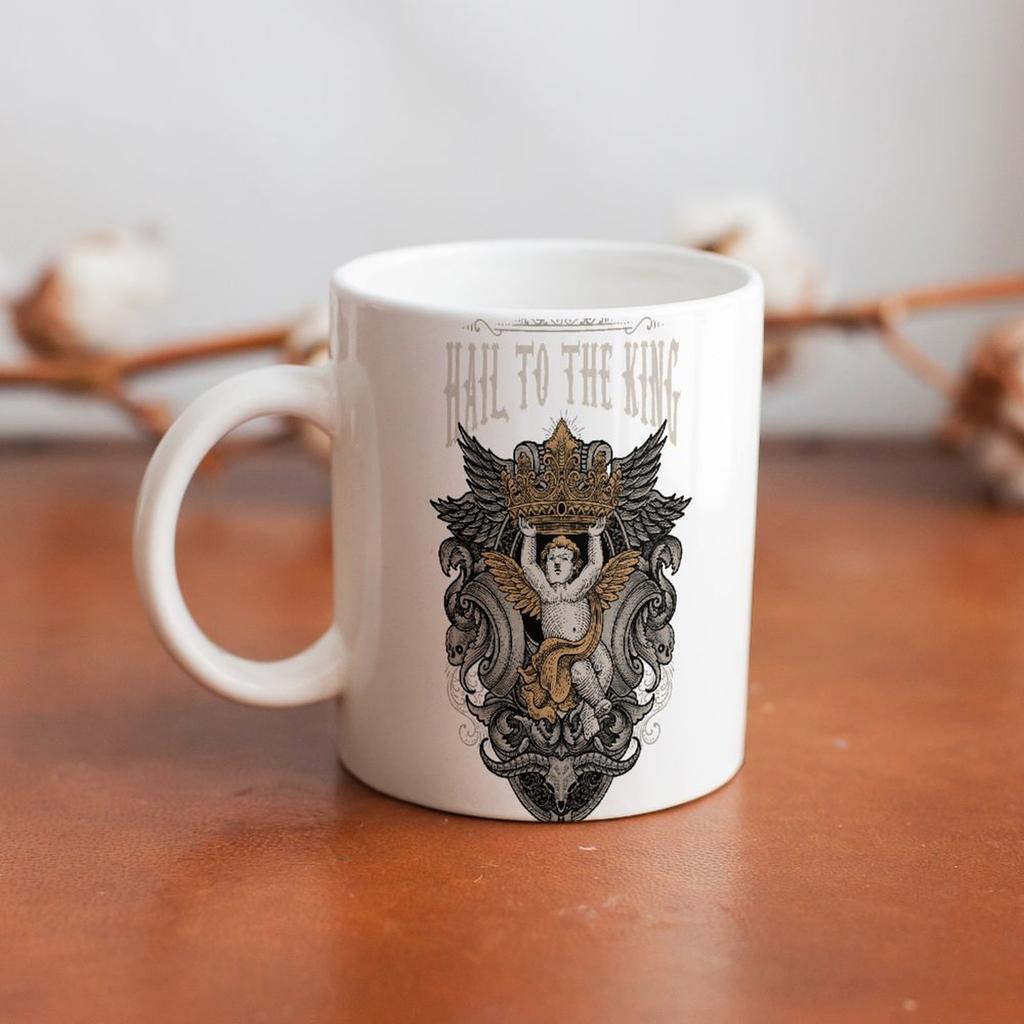 11oz White Ceramic Coffee Cup with Smooth Handle and Printed Design on Both Sides, Perfect for Kitchen and Work Drink Routine