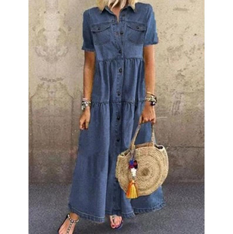Women Summer Autumn Retro Button Denim Dress Female Outdoor Casual Vacation Maxi Dress Fashion Temperament Elegant Women's Clothing