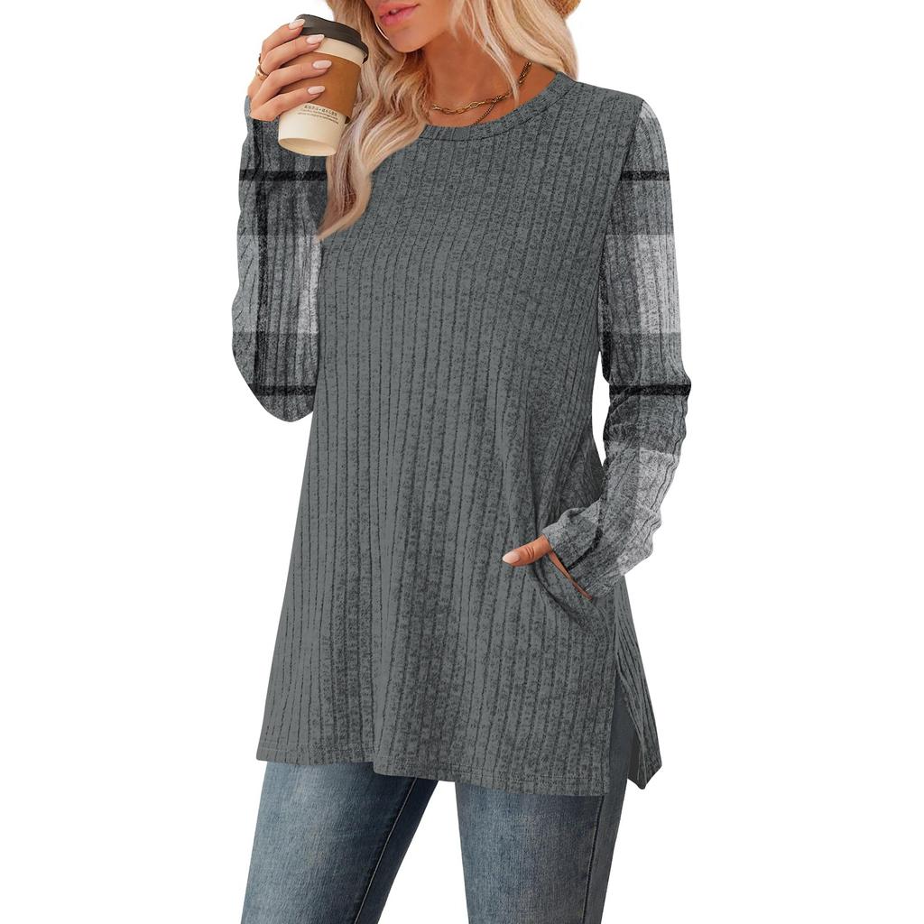 Women's Striped Printed Round-neck Long-sleeved Top With Pockets And Side Slits