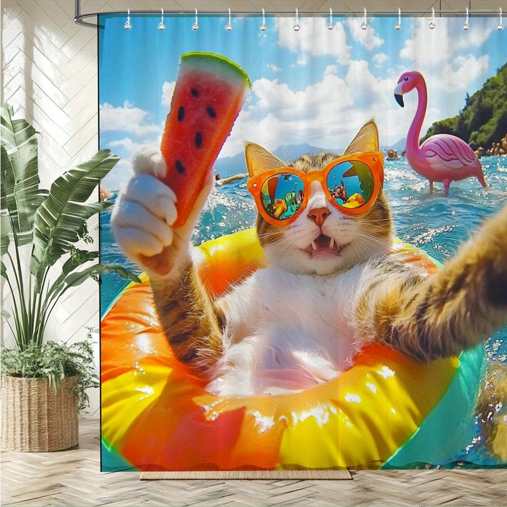Забавная кошка в солнцезащитных очках Водонепроницаемая шторка для душа с защитой от плесени - Дизайн «Тропический пляж» для игривого декора ванной комнаты
