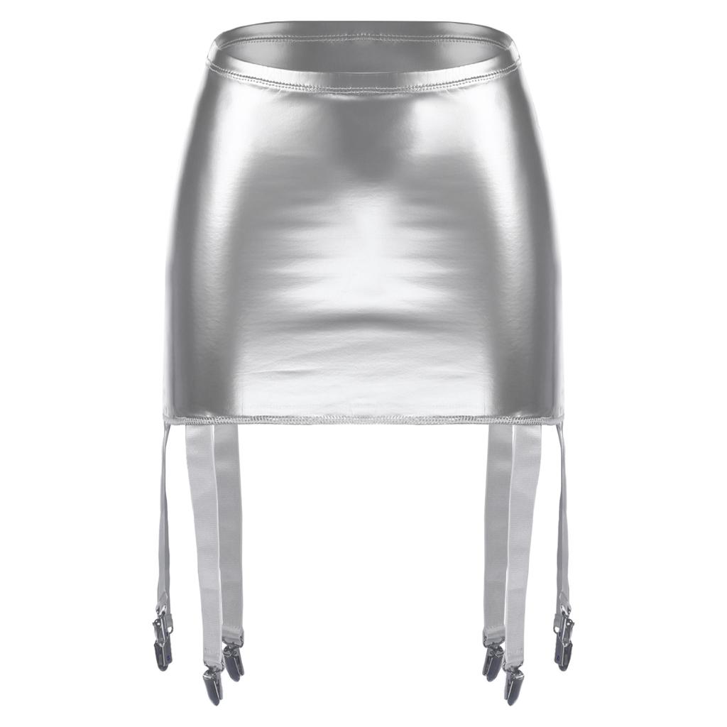 Womens Wet Look Patent Leather Garter Belt Skirt High Waist Suspenders with Metal Buckle Clips Plus Size