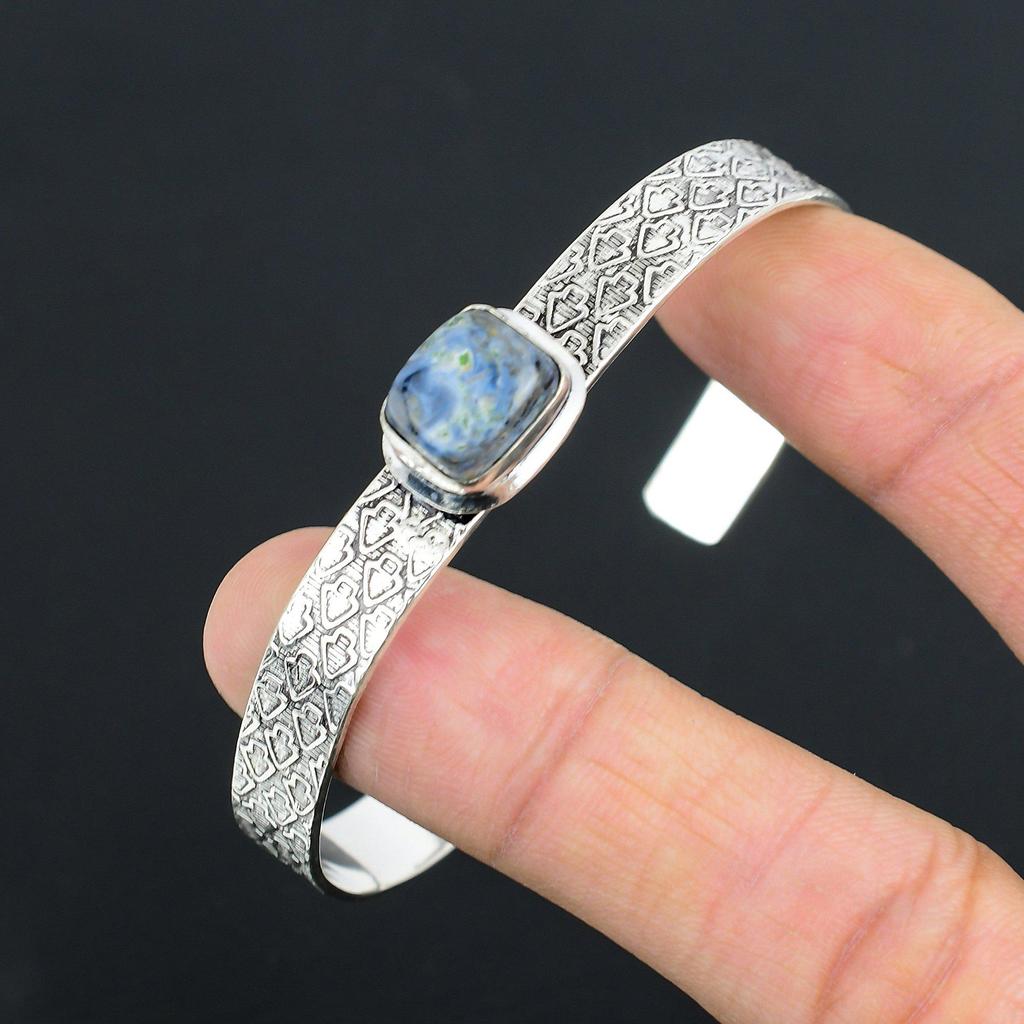 Natural Sodalite Gemstone Bangle Adjustable 925 Sterling Silver For Women