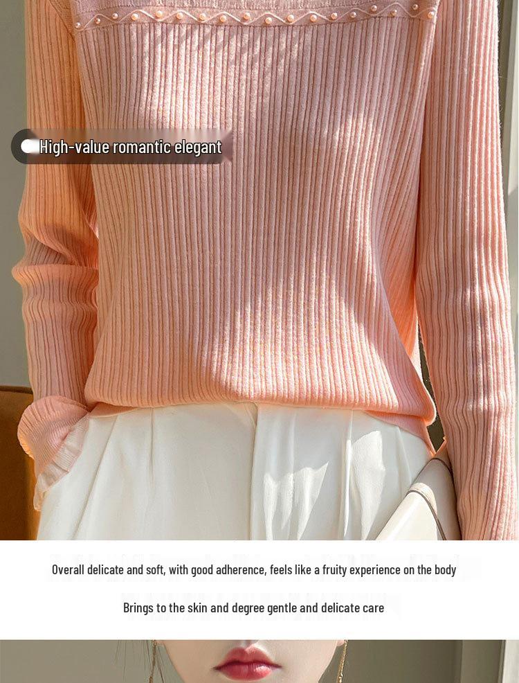 Autumn/Winter Women's Solid Color Half-High Collar Knit Sweater with Lace Trim