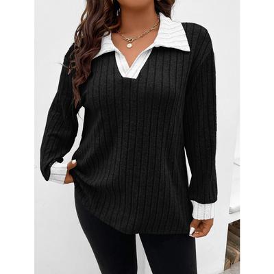 Осень и Зима Однотонный Женский Топ Большого Размера V-образный вырез Длинный рукав Рубчик с начесом Футболка Свободного кроя Рубашка