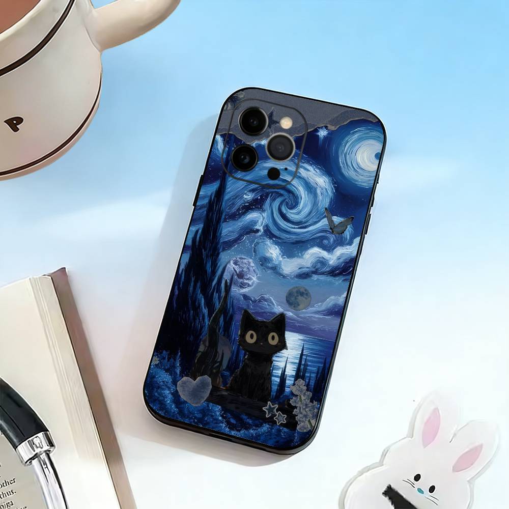 Ван Гог Чиби Кот Чехол для телефона Силиконовый Мягкий Для IPhone 17 16 15 14 13 12 11 X XR Plus Pro Max Plus
