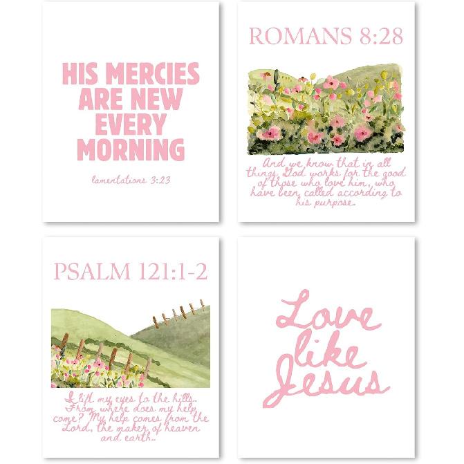 FGFK Girly Pink Christian Wall Art Prints Set of 4, Lamentations 3:23 Psalm 16:11 Psalm 27:1 Bible Verse Preppy Posters Pictures Wall Decor for Girls