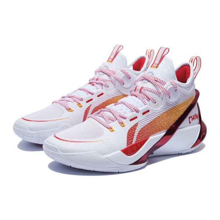 Li Ning SONIC Ультраамортизация Скользят Устойчивы к истиранию Средняя высота Баскетбольные кроссовки Мужские Белый Красный ABAS145-9