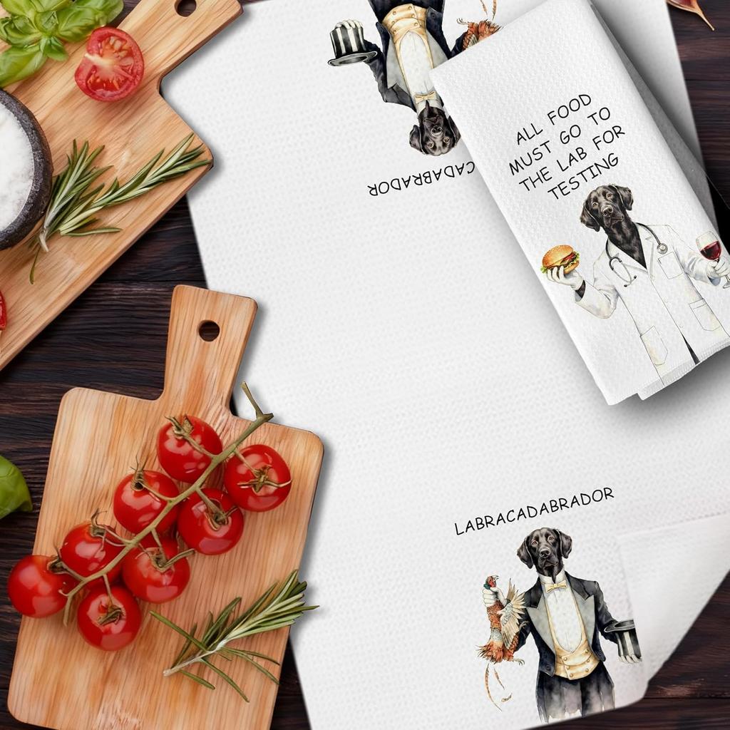 Funny Black Labrador Retriever Kitchen Dish Towels, Black Lab Gifts, All Food Must Go to The Lab for Testing Decorative Hand Tea Towels for Kitchen