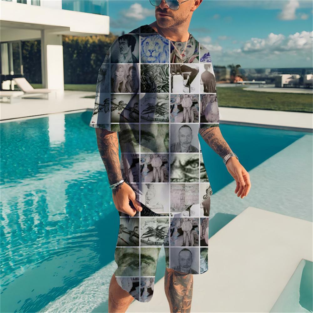 Летняя мужская футболка с коротким рукавом, шорты, костюм с 3D принтом, европейско-американский алфавит, скелет, костюм большого размера, трендовый повседневный пляжный костюм