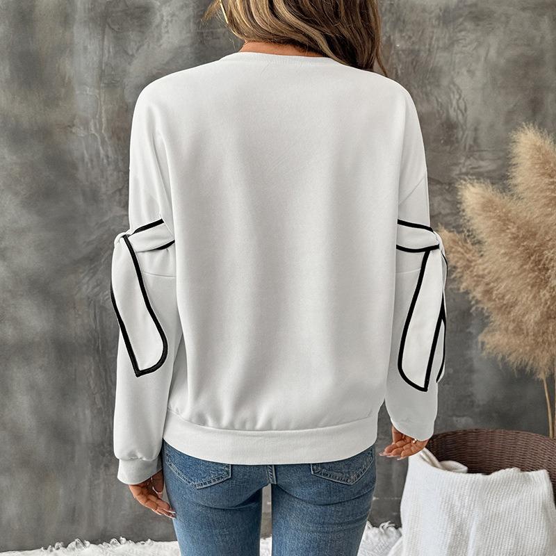 Autumn New Contrast Color  Bow Round Neck Long-sleeved Pullover Sweatshirt for Women