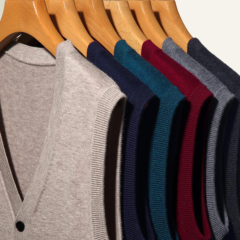 Мужской шерстяной жилет, осенне-зимняя мода, повседневный однотонный мужской кардиган без рукавов с V-образным вырезом, жилет, свитер для мужчин