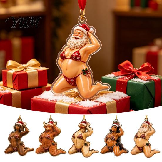 Novelty Christmas Tree Accessories 5 Pcs Quirky Bikini Ornament, Funny 2D Acrylic Santa Claus Horse Clear Printed Baubles Dachshund Highland