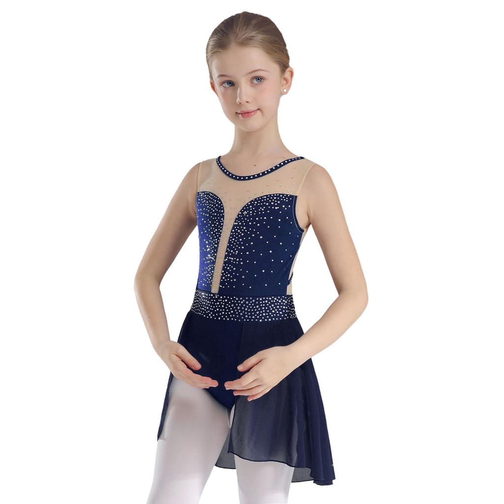 Kids Girls Ballet Lyrical Dance Figure Ice Skating Dress Hollow Back Mesh Gymnastics Leotard Dress