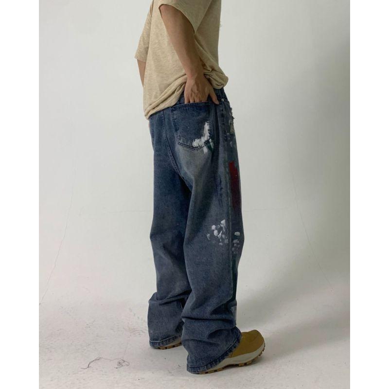 Европейские и американские уличные джинсы с чернильными пятнами для мужчин и женщин, нишевый дизайн, свободные широкие брюки для пар, повседневные универсальные брюки