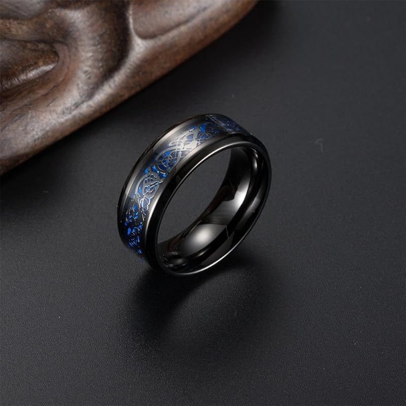 OAKKY mens stainless steel Black Blue Carbon Fiber Inlay Dragon Pattern Wedding Band ring size 19