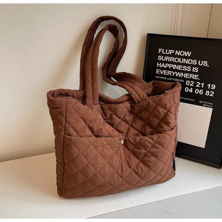 Осенне-зимняя хлопковая сумка, повседневная сумка-тоут большой вместимости, женская модная сумка через плечо из ромбовидного холста