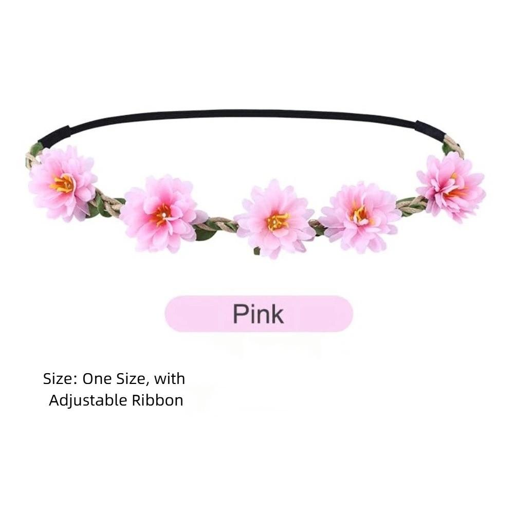 Hand Woven Floral Wreath Crown Adjustable Ribbon Bohemia Garland Headpiece for Photography Props