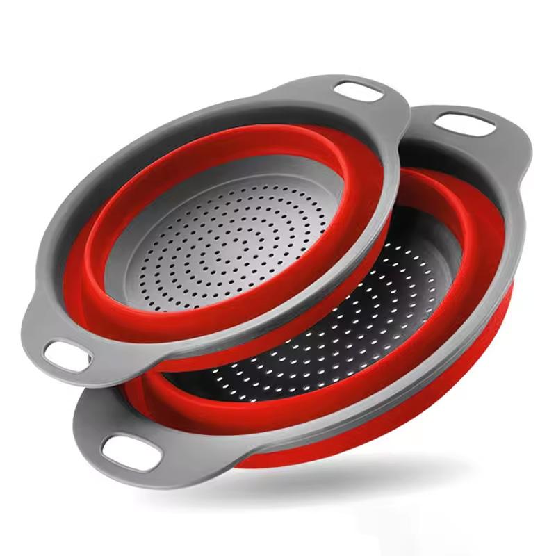 Silicone Foldable Drainage Basket Round Silicone Folding Foldable Filter with Plastic Handle Vegetable Washing Basket