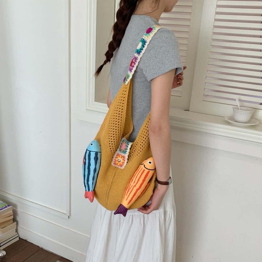 Fish Cotton Crochet Shoulder Bag Summer Tassels Beach Handbag Hollow Out Woven Bag Shopping Bag