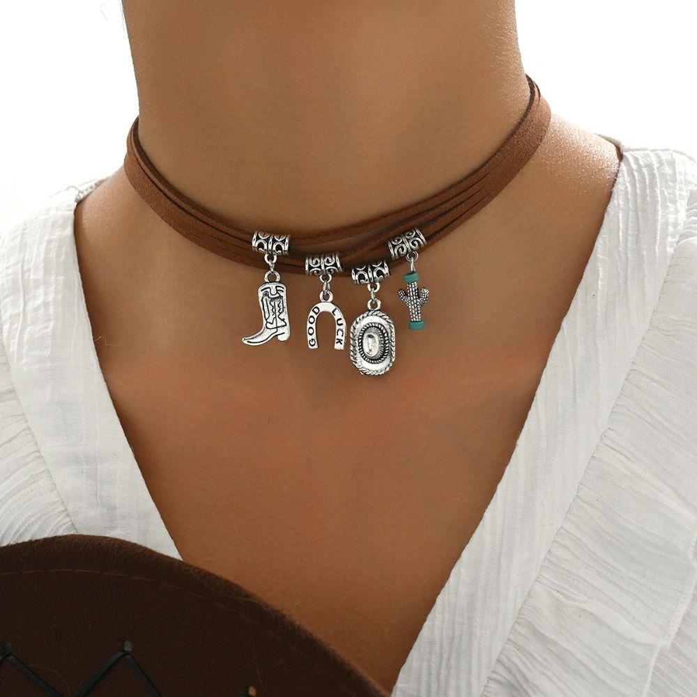 Ethnic Style Turquoise Stone Necklace Woven Rope Bohemian Necklace Trendy Leaf Tassel Choker  Gift