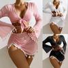New Women's Split Four Piece Bikini Swimsuit Sexy Solid Lace Up Bikini Elegant Tassel Long Sleeve Fresh Beach Bikini