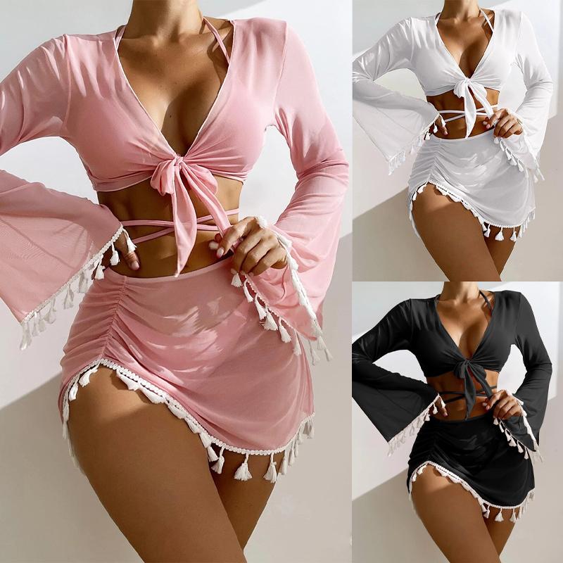 New Women's Split Four Piece Bikini Swimsuit Sexy Solid Lace Up Bikini Elegant Tassel Long Sleeve Fresh Beach Bikini