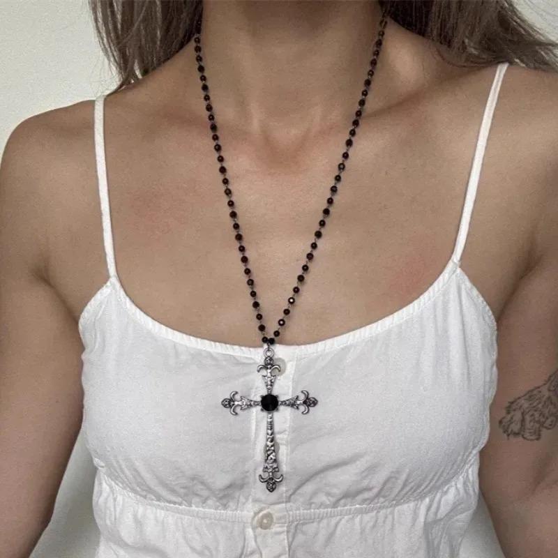 New Vintage Gothic Cross Necklace Collarbone Necklace Fashion Long Statement Choker Zirconia Unique Style for Women Men