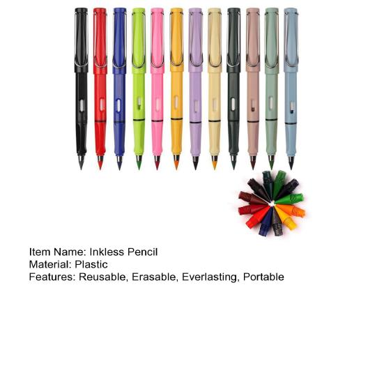 12 шт. Портативные стираемые вечные карандаши без чернил с 12 шт. сменными стержнями для письма и художественного эскиза
