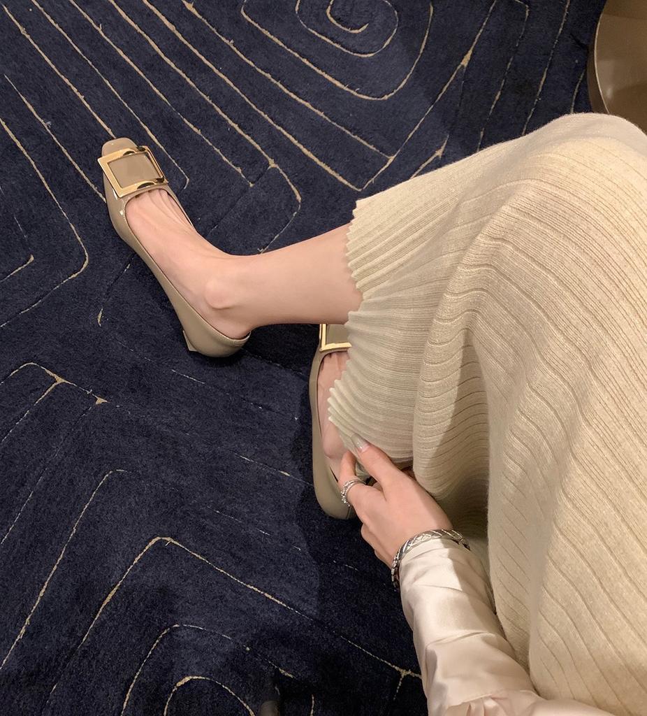 Classic Elephant Gray Square Buckle Single Shoes Women's Thick Heel Rv High Heels Thin Heel Square Head French Beautiful Temperament Commuter Su