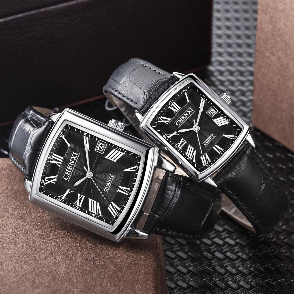 Часы с ремешком из натуральной кожи, календарь, аналоговые, водонепроницаемые, старинные, римские, стильные, парные часы, квадратные, кварцевые, черные, модные аксессуары