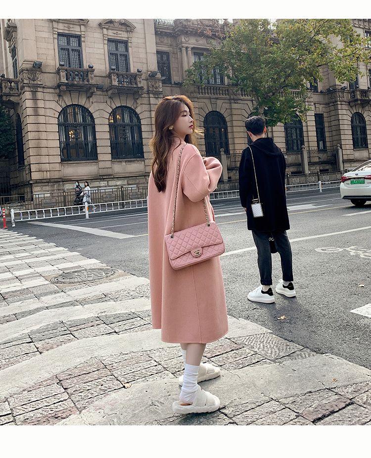 Women's Pink Double-Faced Cashmere Mid-Length Hepburn-Style Coat - 2025 Autumn/Winter Korean Fashion